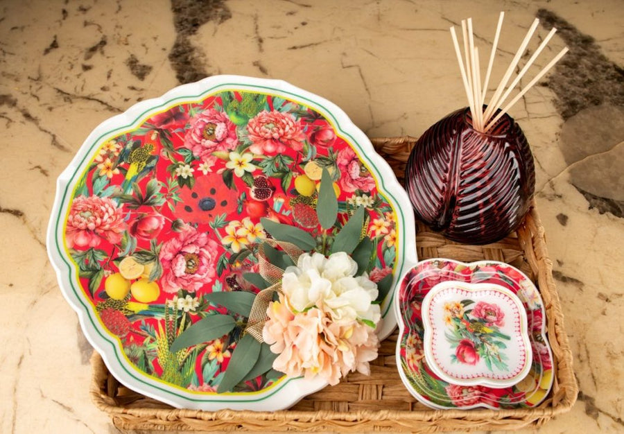 Printed Plate Trio & Ruby Vase