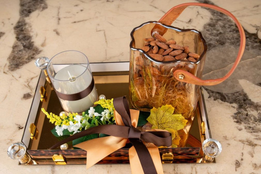 Glass Bag & Candle Golden Tray